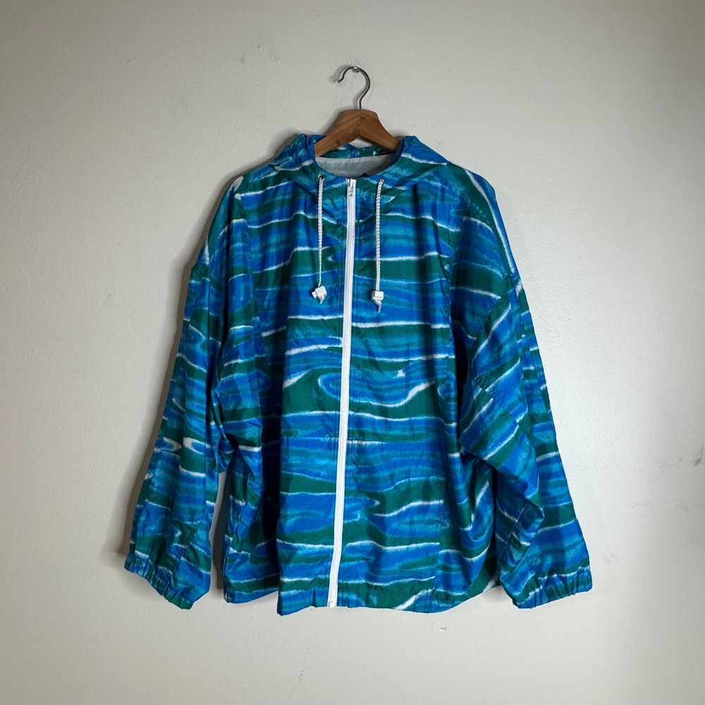Andy Johns Windbreaker Mens Vintage 90s Abstract Geometric Hooded Blue Green L